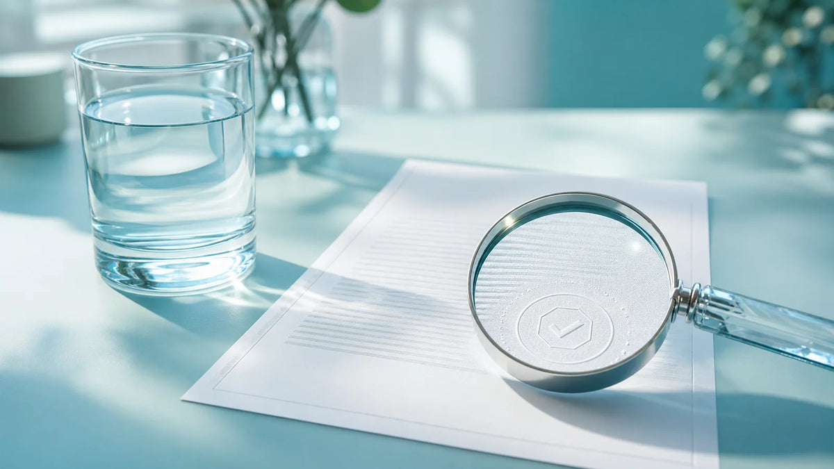 Magnifying glass examining certification documents beside a clear glass of water