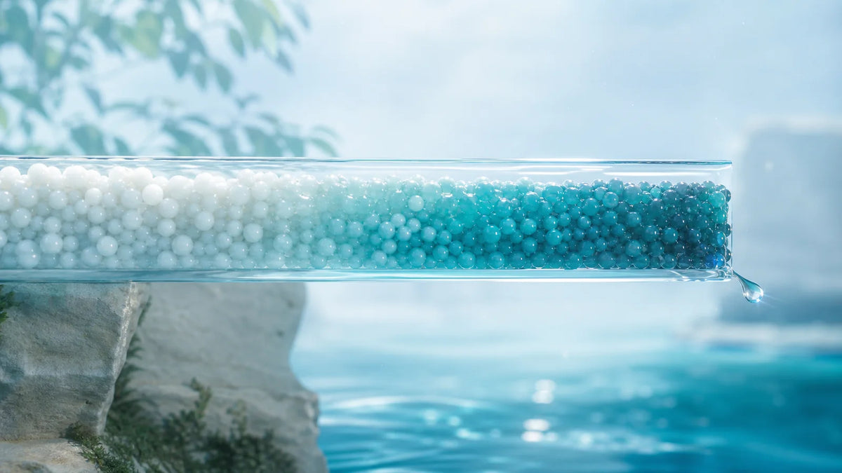 Layered filter media gradually filling from clean aqua to saturated teal along a water path