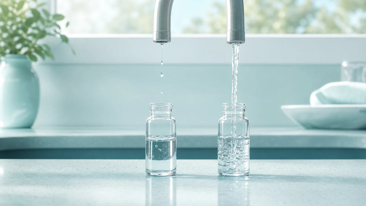 Two laboratory water vials representing first-draw and flushed tap-water samples