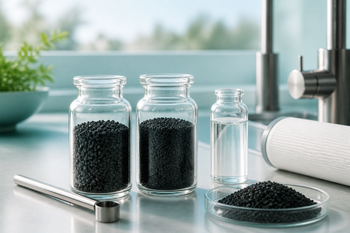 Two laboratory jars containing different black carbon media beside a clear water sample