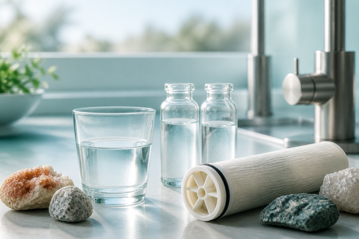Clear drinking water, laboratory vials, an RO membrane sample and natural mineral stones on a pale bench