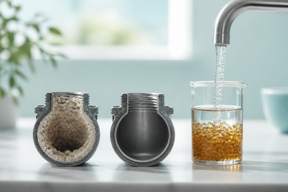 Mineral-scaled pipe section beside a clean pipe and amber ion-exchange resin in a water sample vessel
