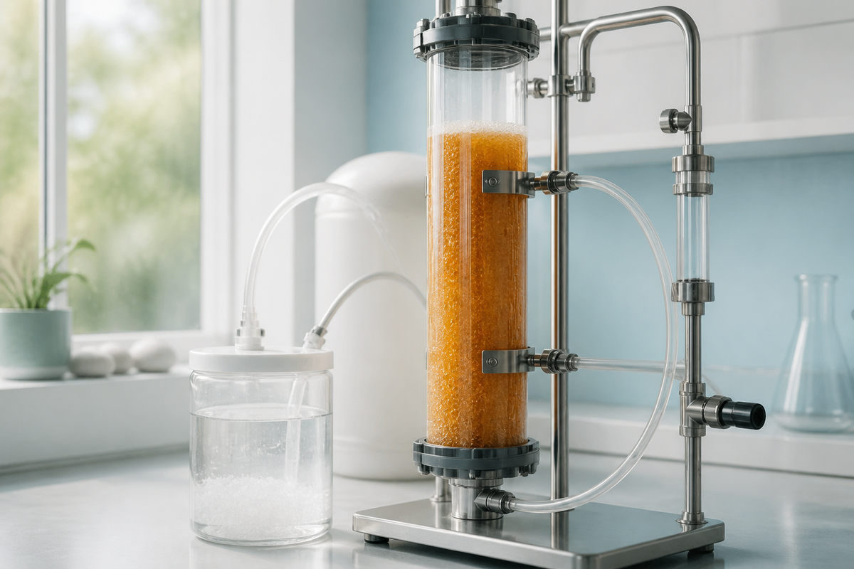 Transparent demonstration column filled with amber ion-exchange resin and connected to clear water lines