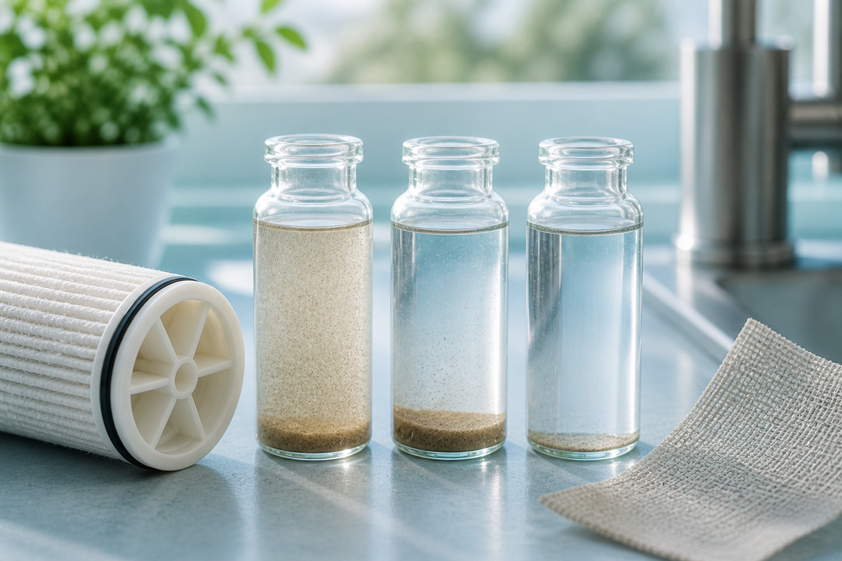 Pleated sediment filter beside three water samples showing progressively finer suspended particles