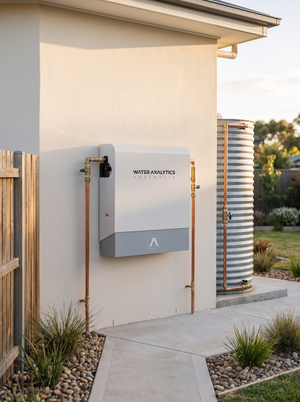 Illustrative render of WAA POE 4 UV enclosure beside a rainwater tank