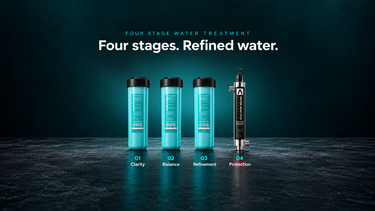 Conceptual four-stage water treatment illustration: three filtration stages and UV