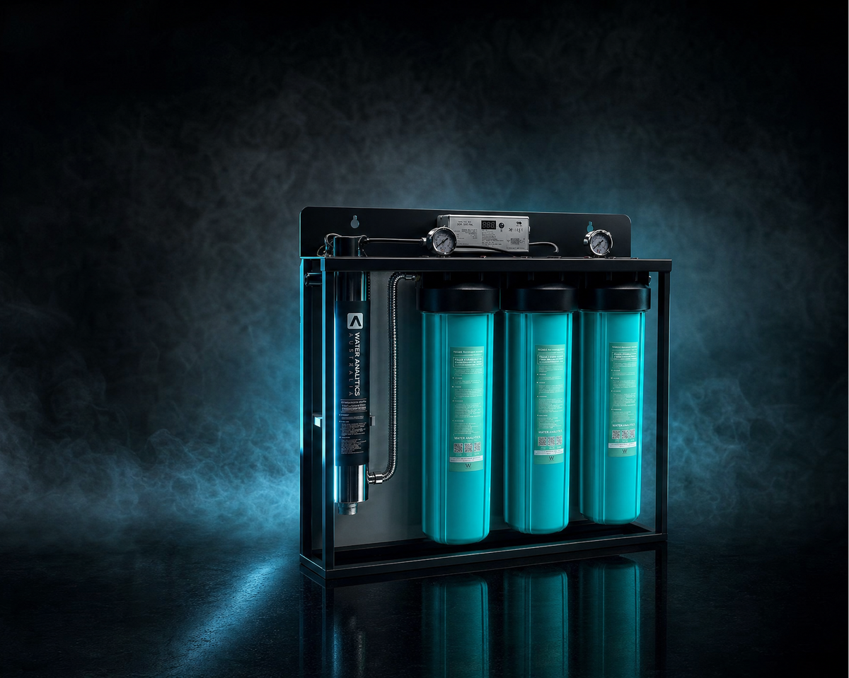 WAA POE 4 UV open-frame system with three filter housings and a UV chamber — product render