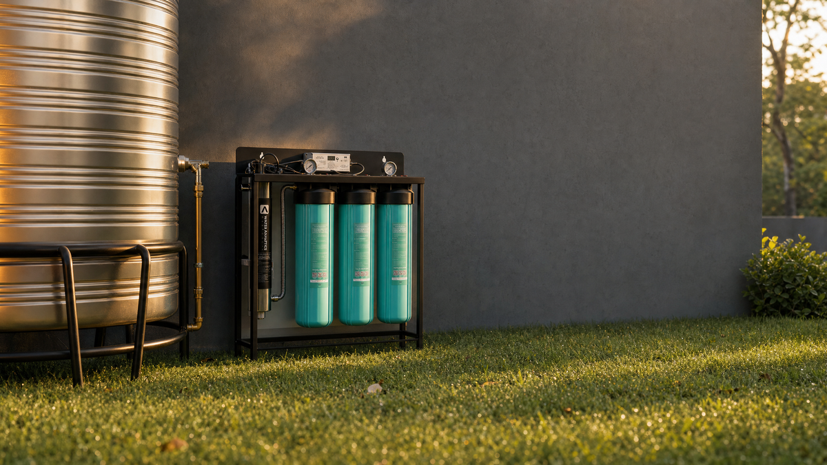 WAA POE 4 UV open-frame system beside a rainwater tank — product render