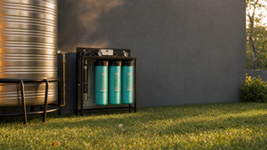 WAA POE 4 UV open-frame system beside a rainwater tank — product render