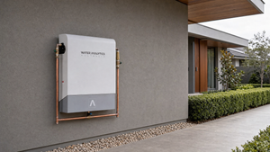 Illustrative WAA whole-house filtration enclosure on a modern home's exterior