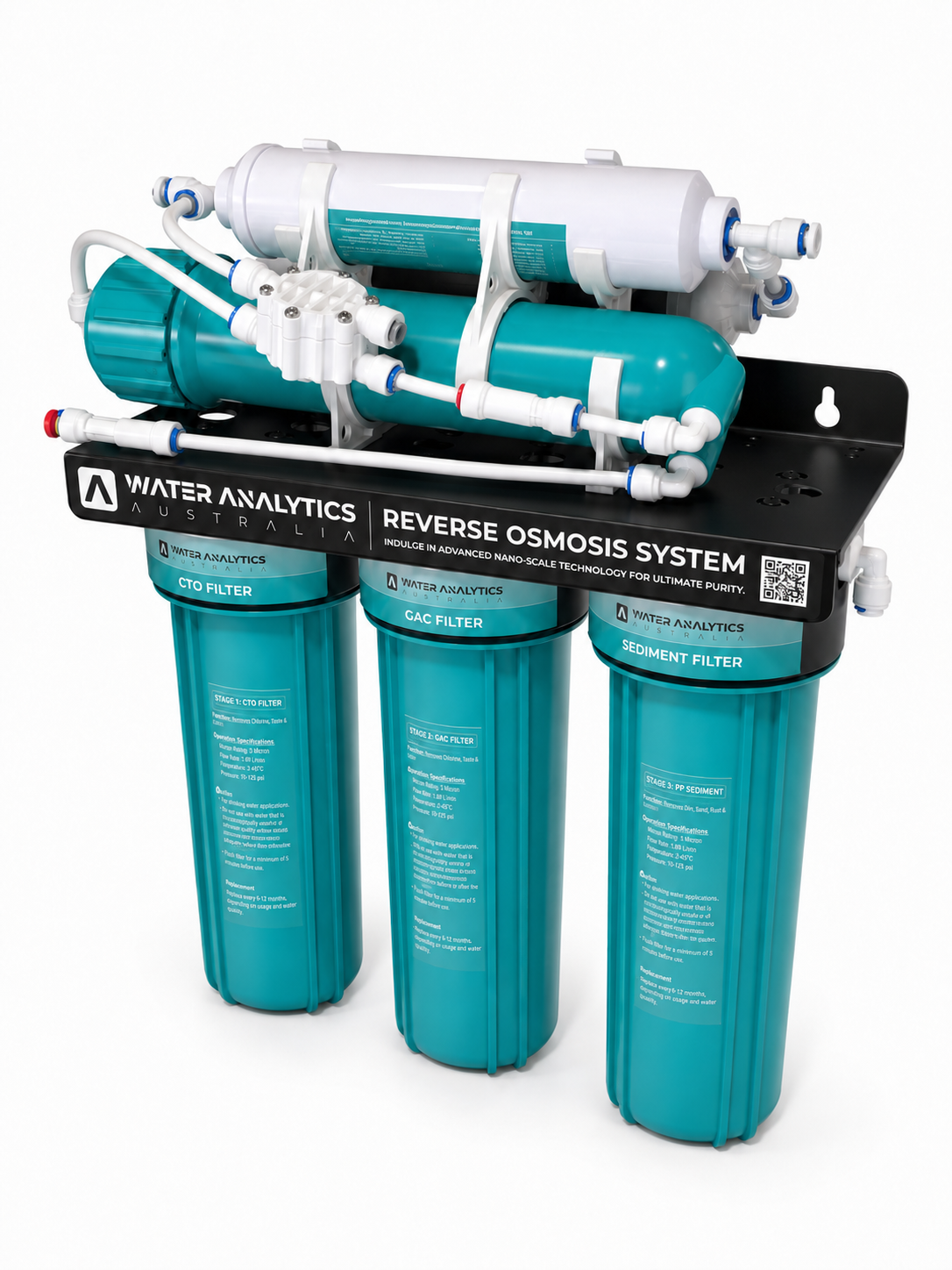 WAA six-stage under-sink reverse osmosis filtration unit, angled product view