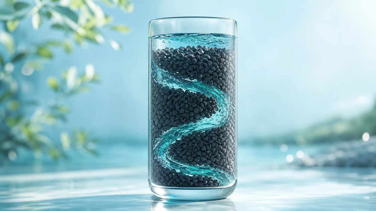 Water moving slowly through a deep bed of activated carbon granules in a cutaway vessel