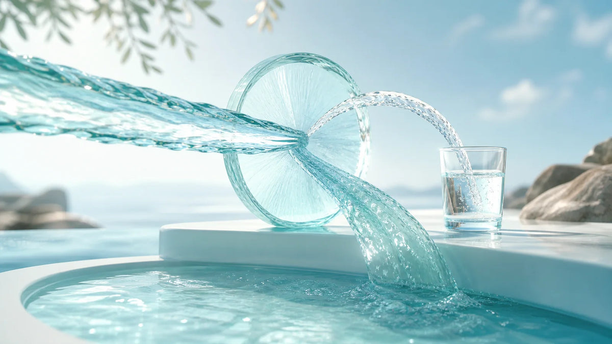 Clear water stream dividing into product and reject paths beside a precise circular gauge