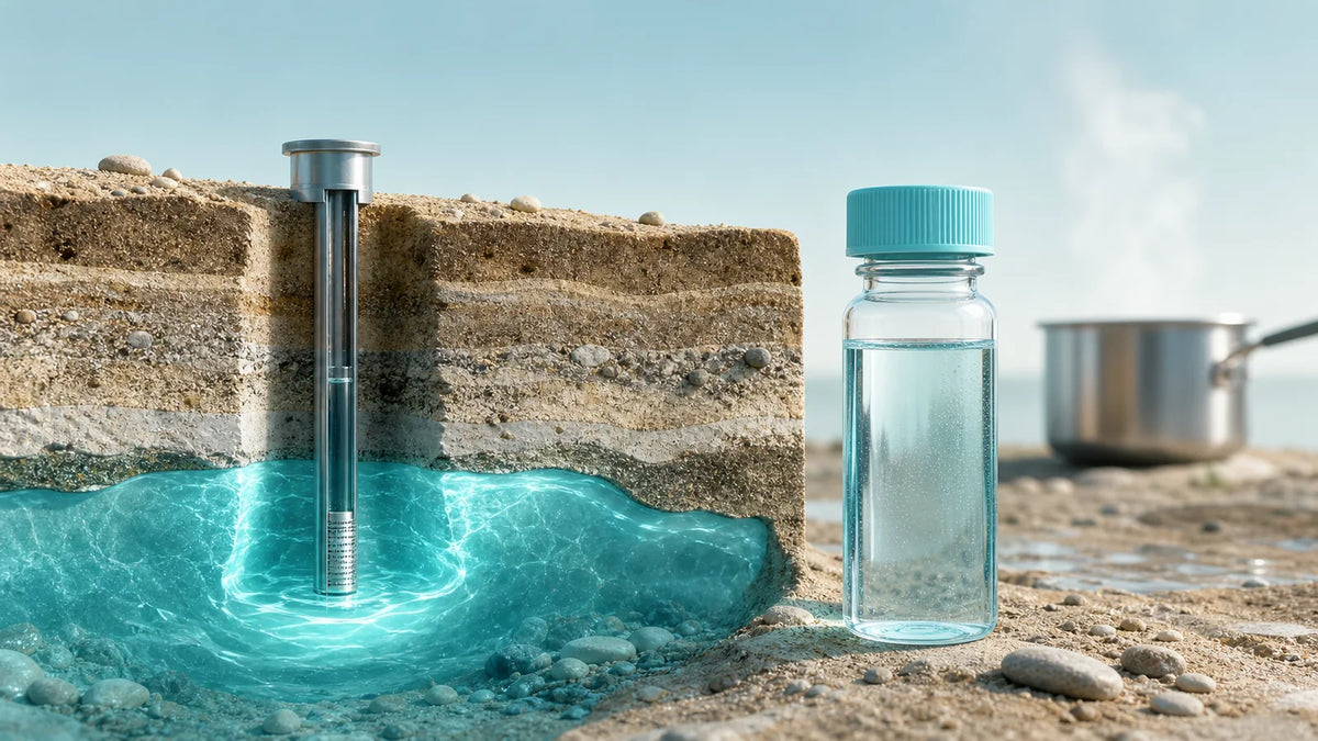 Rural bore-water sample beside layered soil and a precise laboratory vial in soft aqua tones
