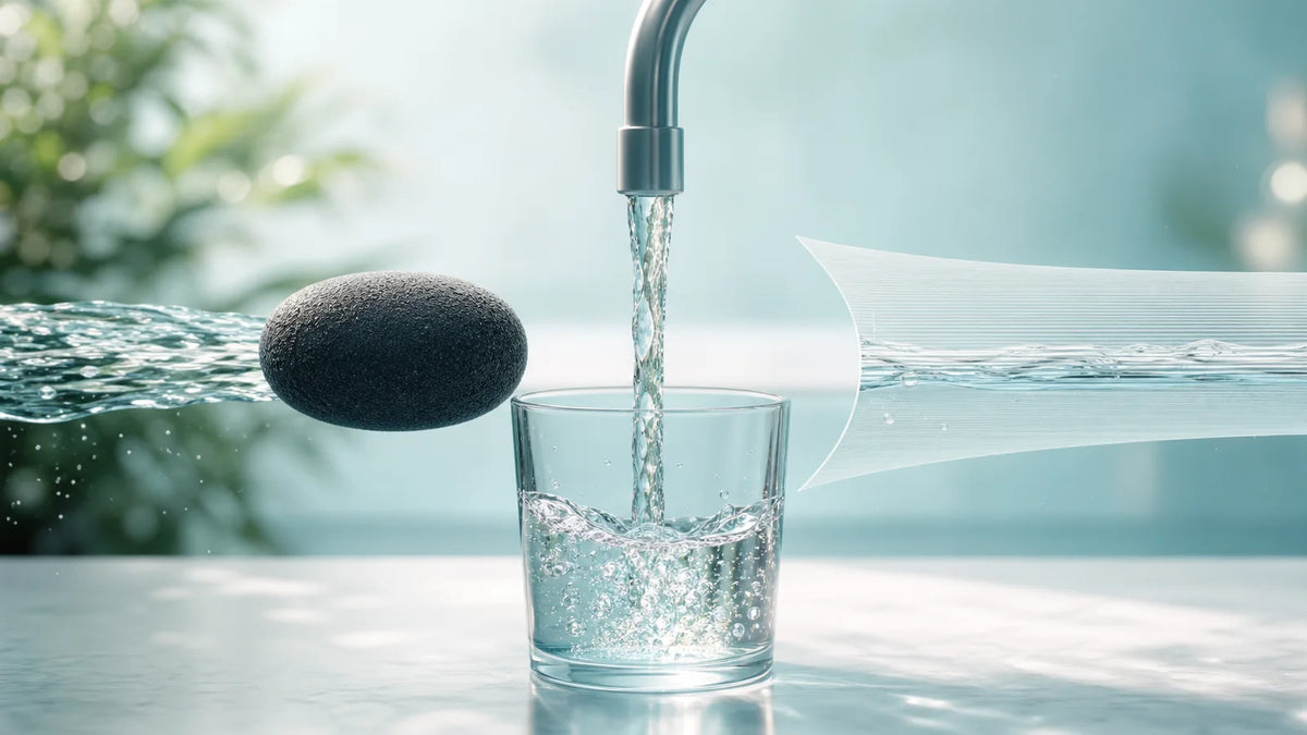 Clear tap water passing two distinct treatment paths for carbon and reverse osmosis