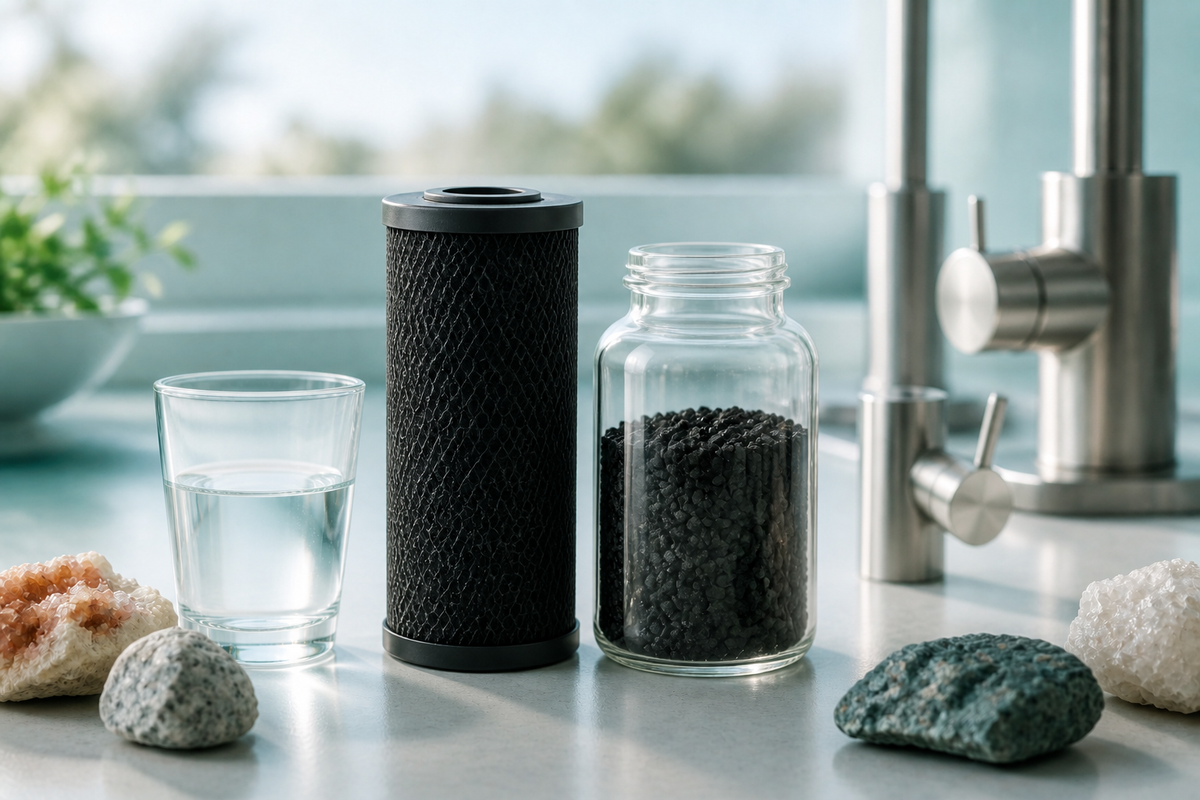 Black carbon block cartridge beside a glass jar of loose granular activated carbon