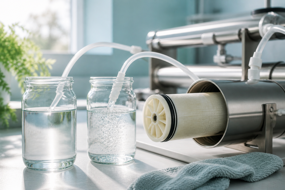 Spiral-wound reverse osmosis membrane partly withdrawn from its housing beside two water collection vessels