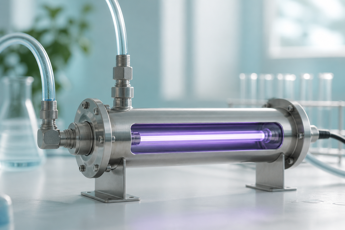 Stainless-steel UV water treatment chamber with an enclosed quartz lamp and clear water tubing