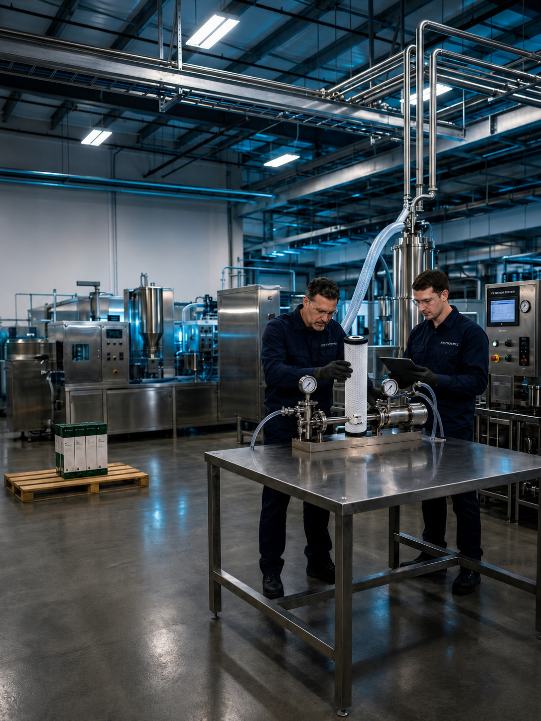 Two workers in a factory setting with industrial equipment and machinery.