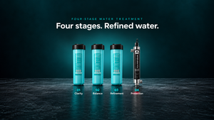 Conceptual four-stage water treatment illustration: three filtration stages and UV