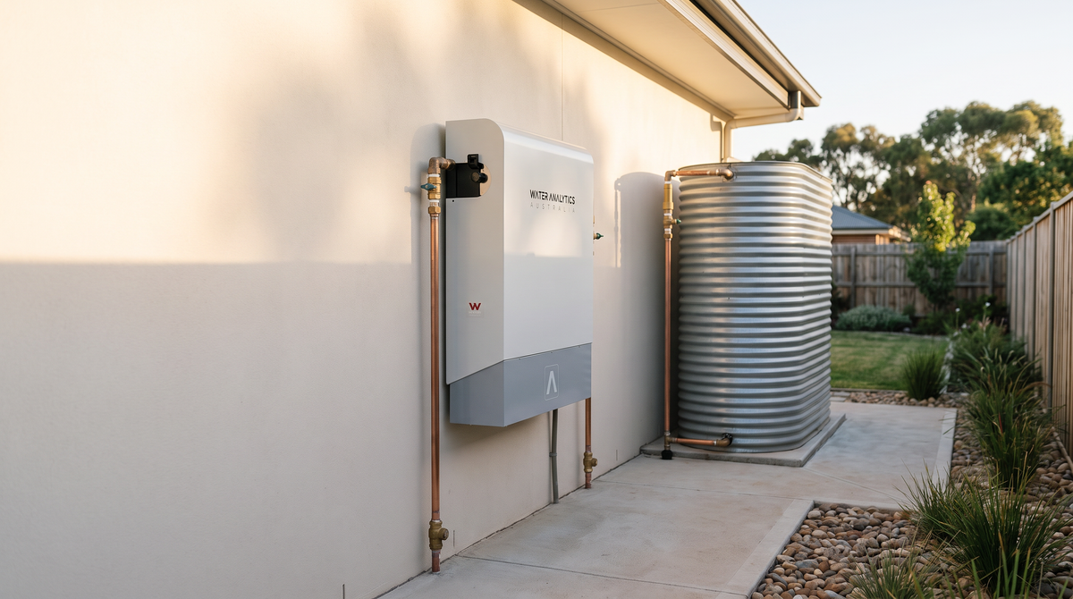 Illustrative WAA whole-house installation beside a residential rainwater tank