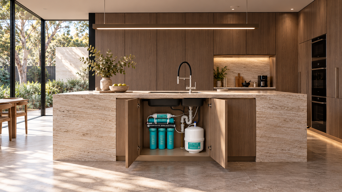 WAA under-sink RO system and mixer in a bright Australian kitchen