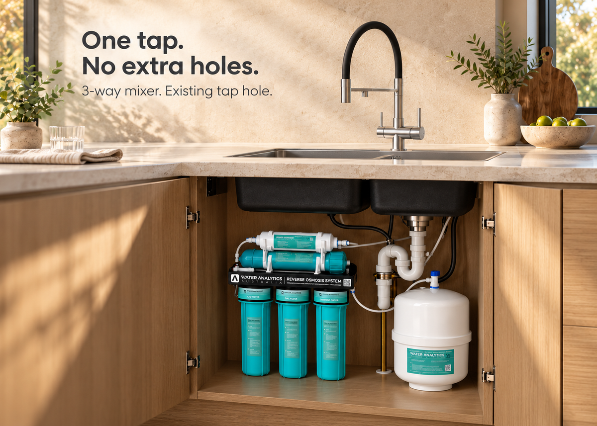 Three-way mixer using an existing compatible tap opening