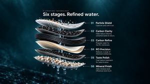 Six treatment stages: sediment, granular carbon, carbon block, RO membrane, post-carbon and mineral finishing
